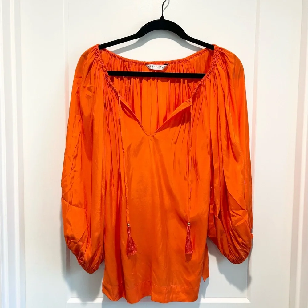 Trina Turk Orange Resort Blouse V Neck Tie Peasant Top Spring Vacation M - Picture 2 of 7